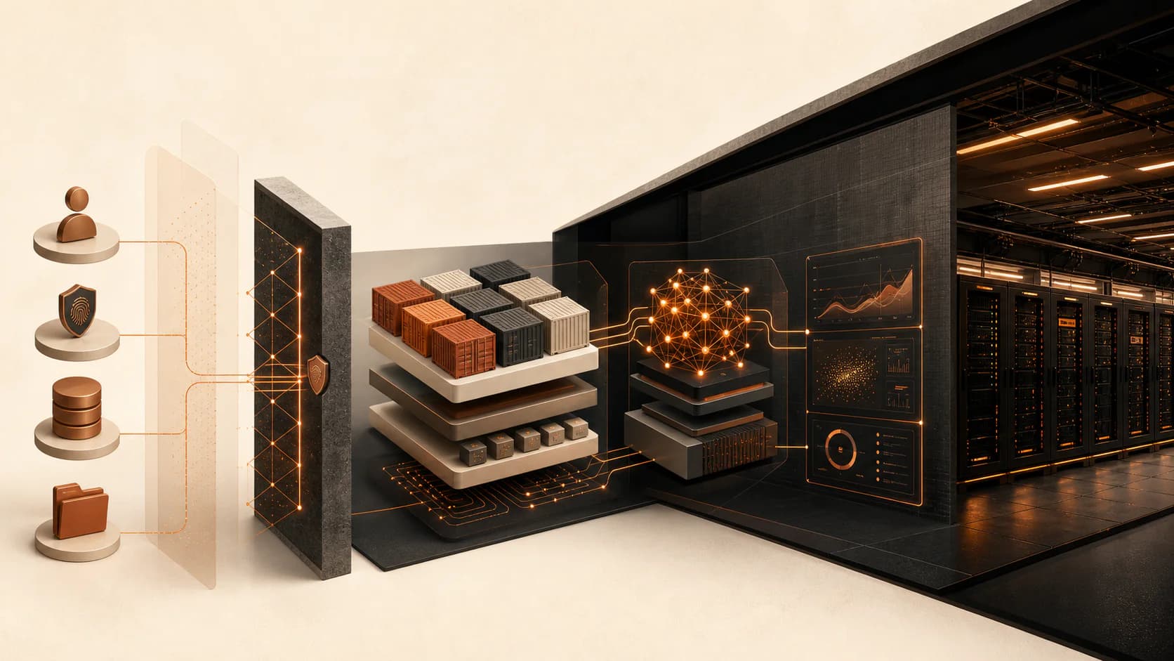 Arquitectura de despliegue on-premise con identidad, datos, contenedores, modelo, monitorización y servidores privados